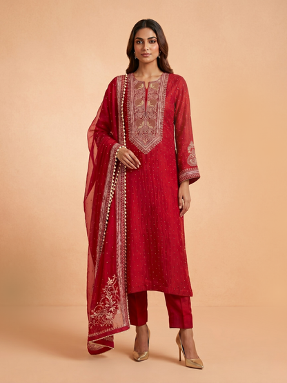 Pure Mulmul Kurta Set with Superfine Ektaar Chikankari & Mukaish Work with Heavy Aari Embroidery Dupatta (Set of 3) (Unstitched)