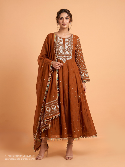 Anarkali Set with Chikankari & Cutdana-Moti Embellishments with Embroidered Dupatta (Set of 3) (Unstitched)