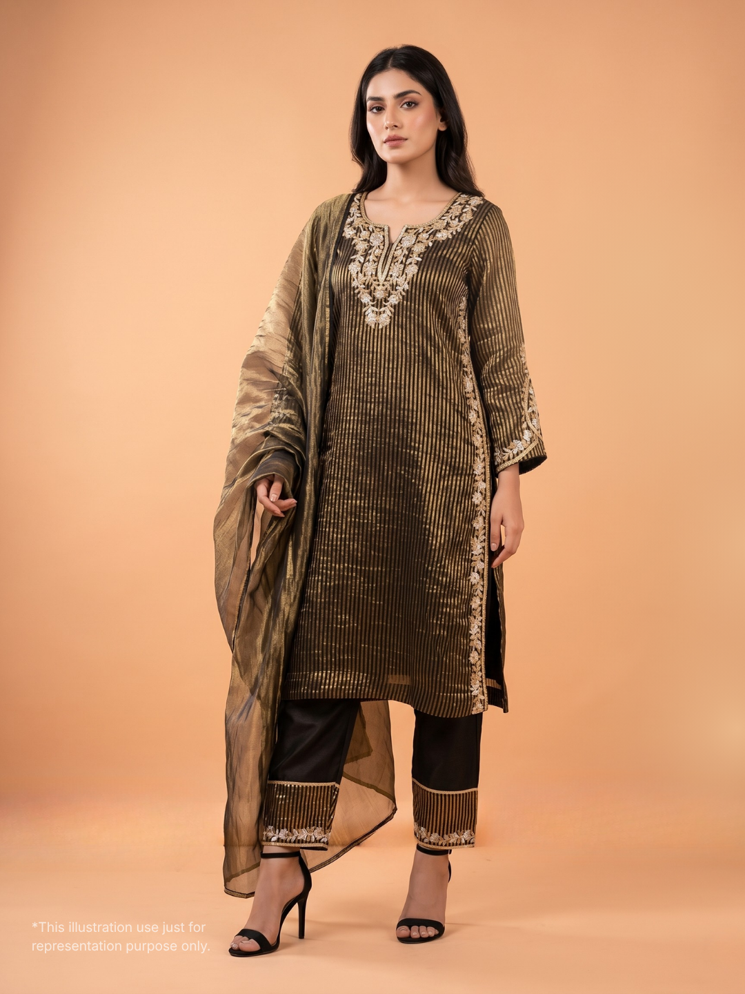 Black and Golden Tissue Kurta Set