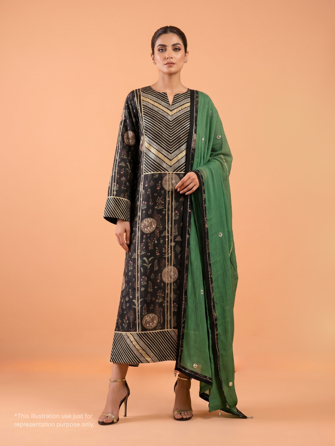 Black Digital Print Suit with Green Mulmul Dupatta
