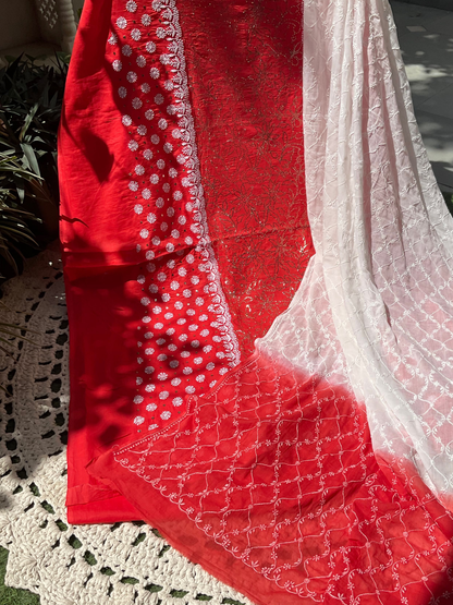 Cotton Voile Suit Set with Mukaish & Chikankari Work with All-Over Jaali Mulmul Dupatta (Set of 3) (Unstitched)