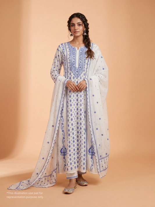 Ivory Chikankari Anarkali Set with Sequins Work & Front-Back Embroidery Detailing (Set of 3) (Stitched)