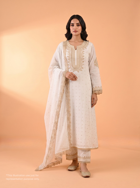 Pure Mulmul Kurta Set with Color Thread & Sequin Work with Lace Border Detailing (Set of 3) (Unstitched)
