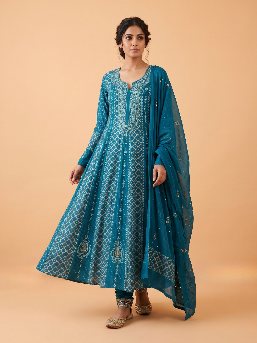 Pure Mulmul Anarkali Suit Set with Chikankari & Kamdani Work with Mukaish and Cutdana Embellishments (Set of 3) (Unstitched)