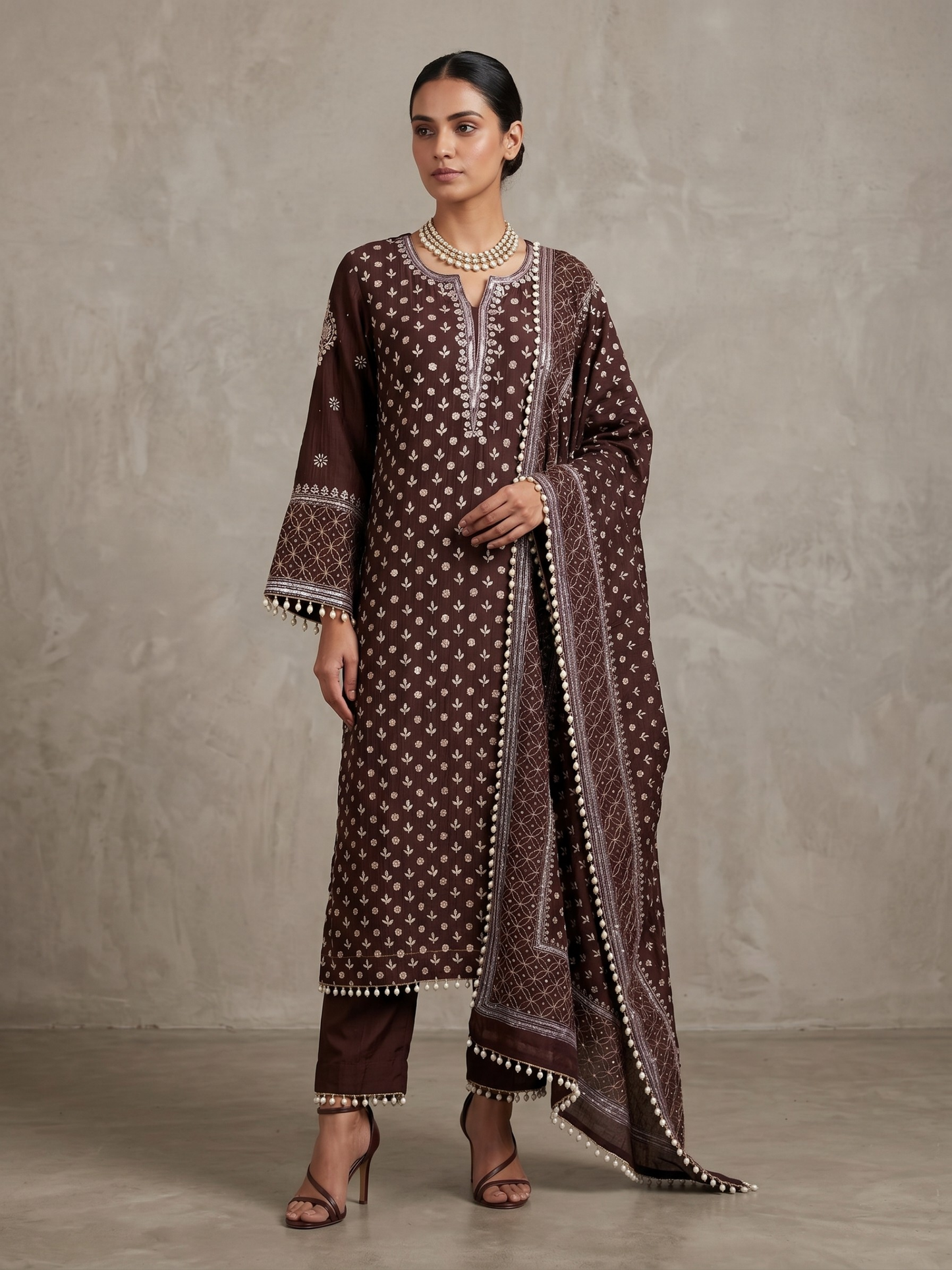 Pure Mulmul Suit Set with Handcrafted Embellishments & Tassel Lace Detailing with Embellished Dupatta (Set of 3) (Semi-stitched)