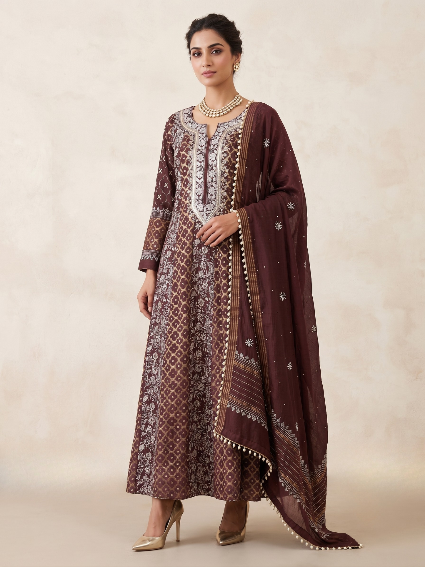 Pure Mulmul & Banarasi Anarkali Suit Set with Handcrafted Chikankari & Sequin Work with Banarasi Dupatta (Set of 3) (Semi-stitched)
