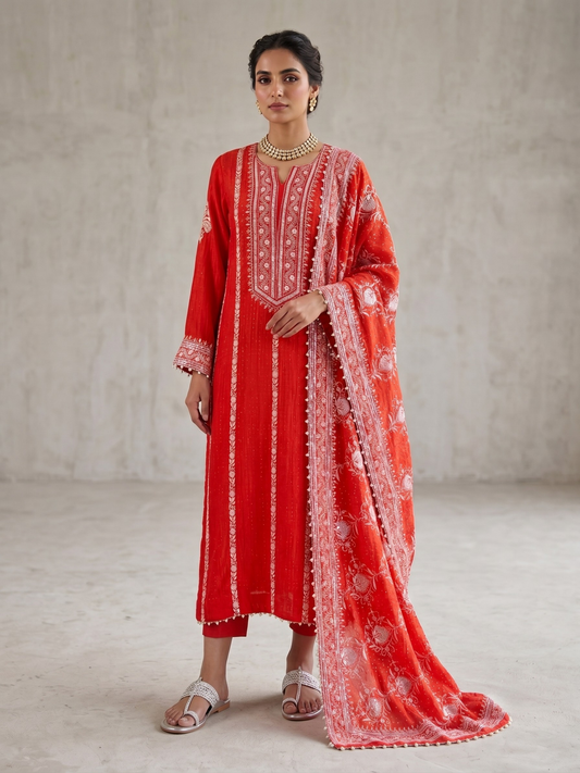 Pure Mulmul Suit Set with Pearl Embellishments & Pearl Lace Detailing with Embellished Dupatta (Set of 3) (Semi-stitched)