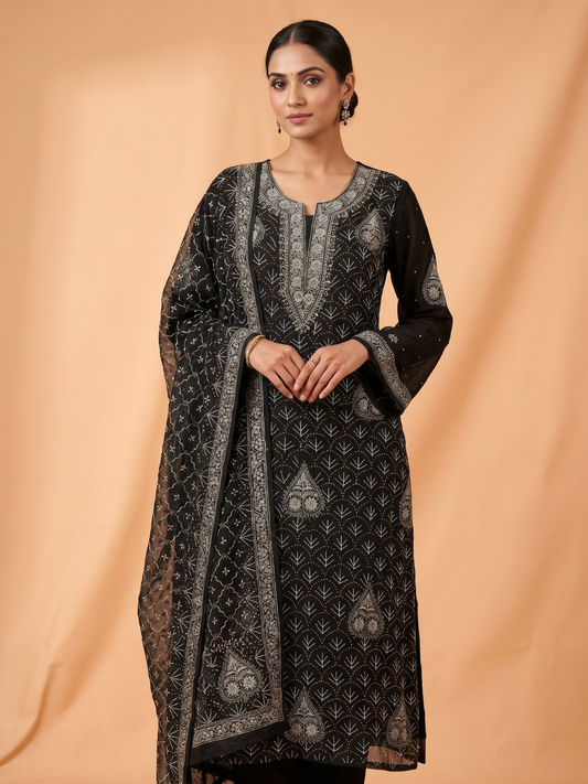 Pure Mulmul Kurta Set with Heavy Hand Chikankari & Mukaish Work with Handcrafted Dupatta (Set of 3) (Semi-stitched)
