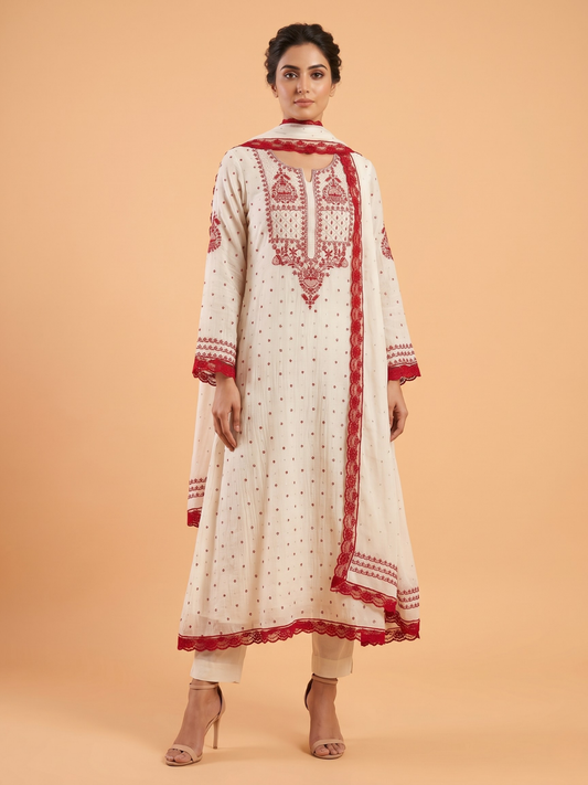 Pure Malmal Kurta Set with Kat Dana & Mirror Work with Handcrafted Malmal Dupatta (Set of 3) (Semi-stitched)