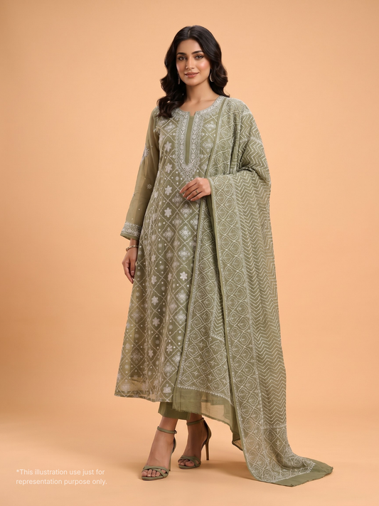 Pure Mul Chanderi Kurta Set with Chikankari & Mukaish Work with Boota Detailed Dupatta (Set of 3) (Semi-stitched)
