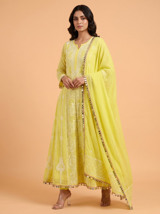 Pure Mulmul Anarkali Suit Set with Chikankari & Jaali Work with Handcrafted Dupatta (Set of 3) (Semi-stitched)