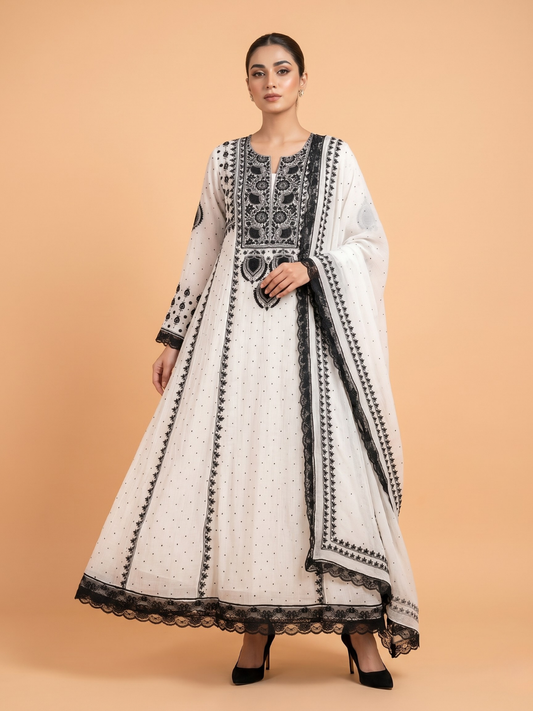 Pure Mulmul Anarkali Suit Set with Chikankari & Jaali Work with Handcrafted Dupatta (Set of 3) (Semi-stitched)