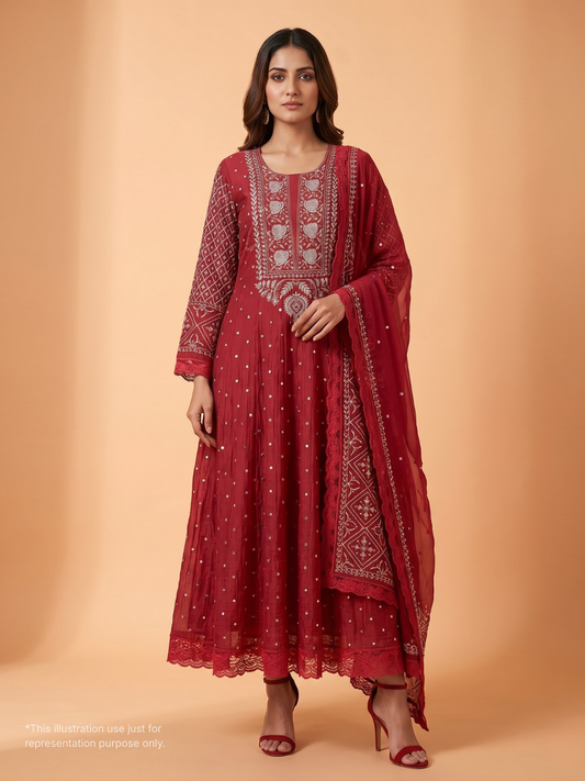 Pure Mulmul Anarkali Suit Set with Chikankari & Cutdana Work with Embroidered Dupatta (Set of 3) (Semi-stitched)
