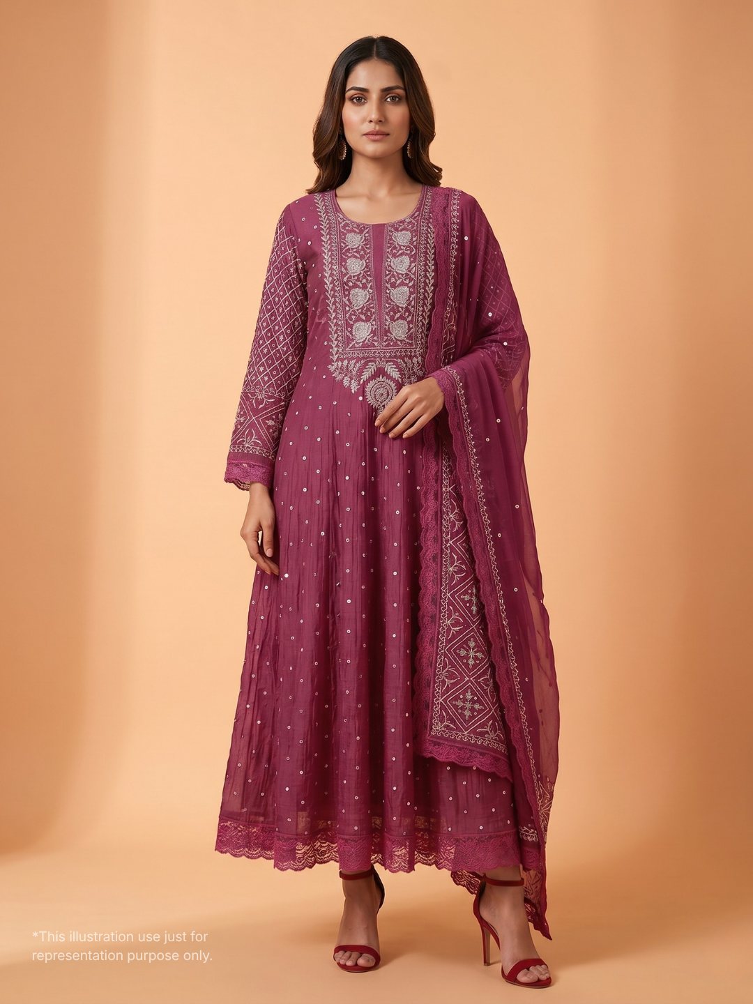 Pure Mulmul Anarkali Suit Set with Chikankari & Pearl-Mirror Work with Embroidered Dupatta (Set of 3) (Semi-stitched)