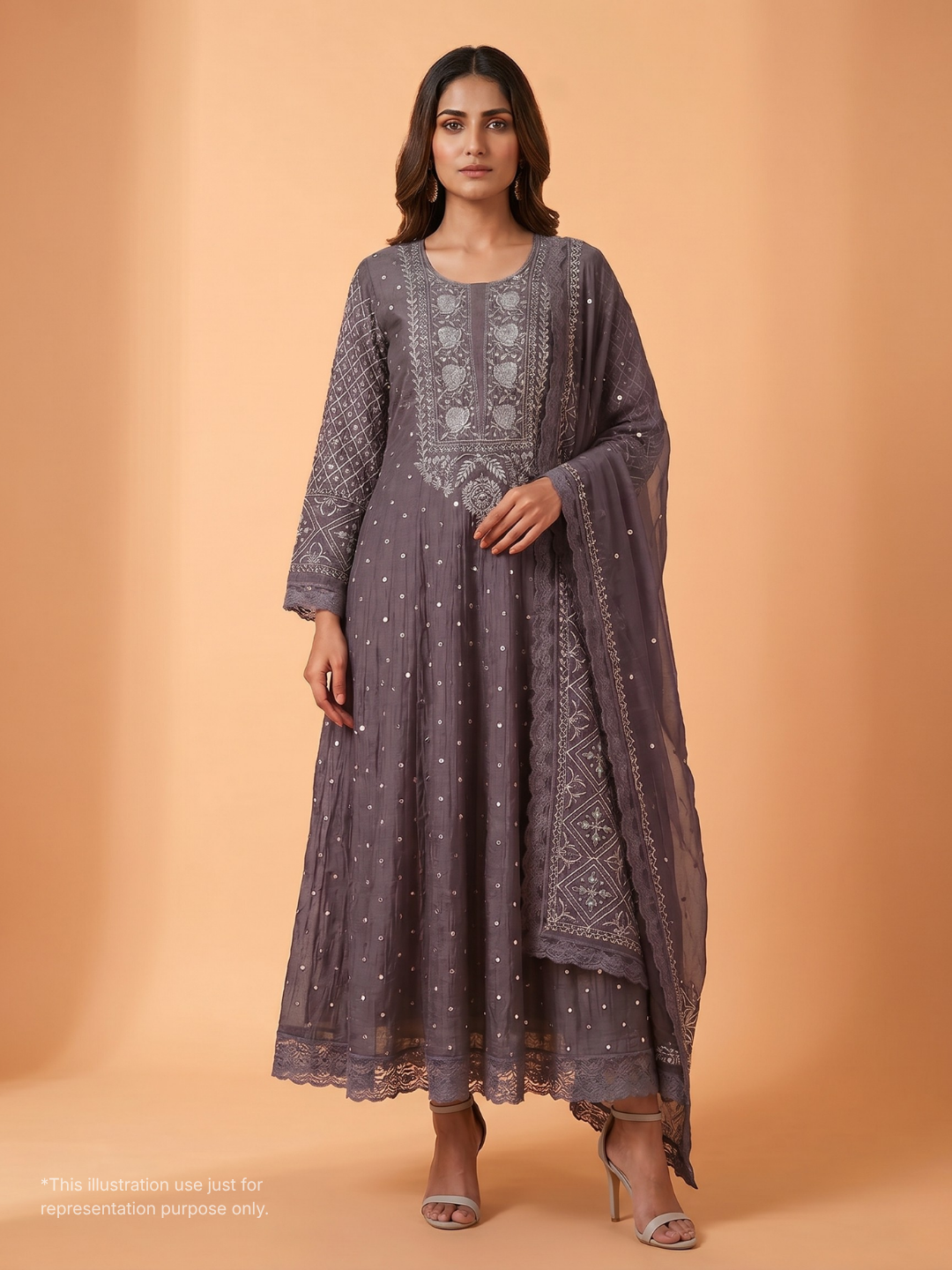Pure Mulmul Anarkali Suit Set with Chikankari & Cutdana-Pearl Work with Embroidered Dupatta (Set of 3) (Semi-stitched)