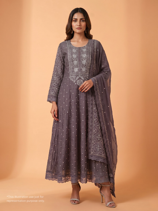 Pure Mulmul Anarkali Suit Set with Chikankari & Cutdana-Pearl Work with Embroidered Dupatta (Set of 3) (Semi-stitched)