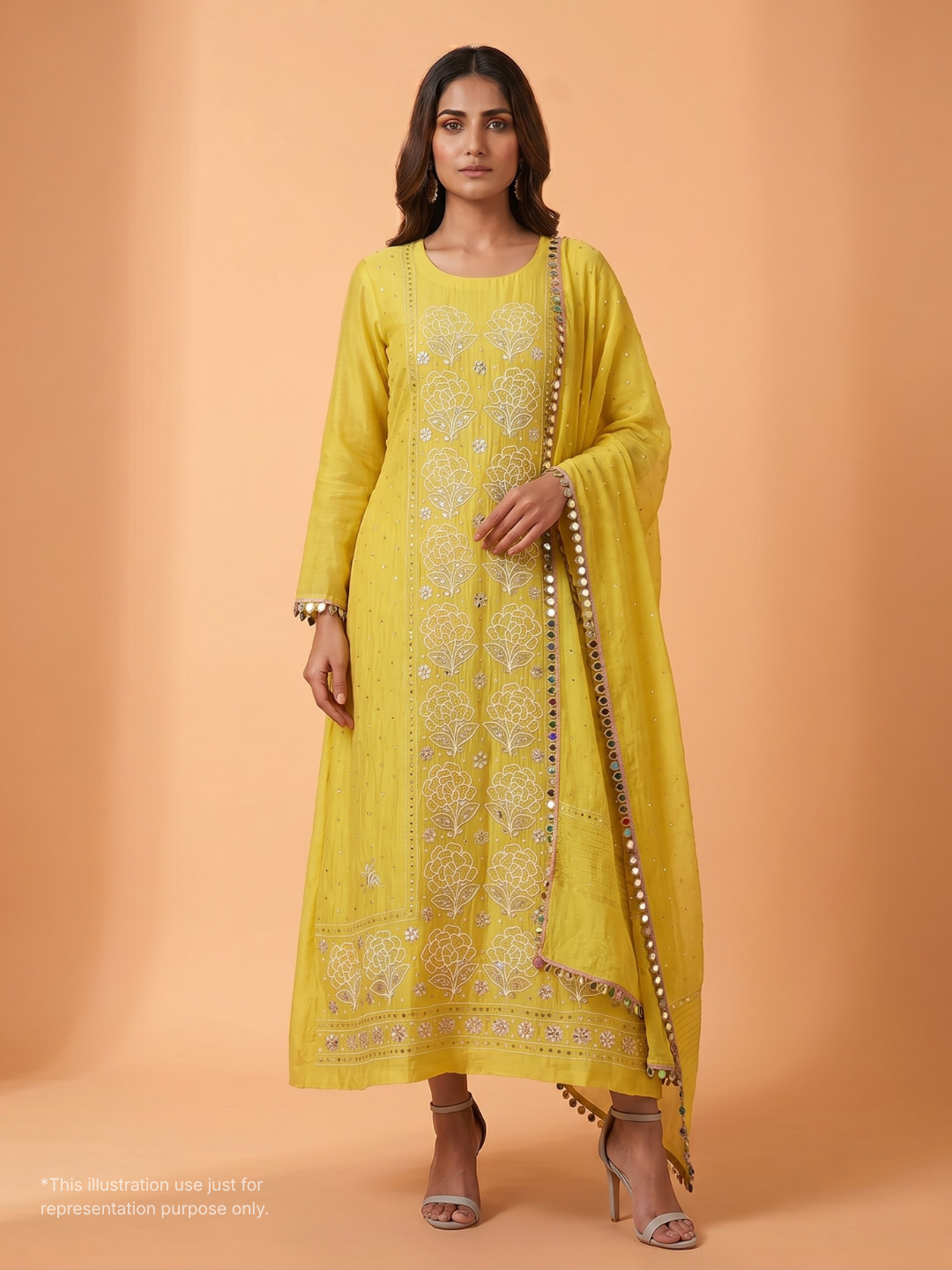 Pure Mulmul Kurta Set with Multicolour Aari & Mukaish Tikki Work with Mirror Lace Dupatta (Set of 3) (Semi-stitched)