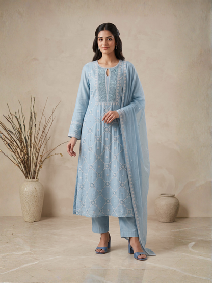 Paris Mulmul Suit Set with Resham Thread Embroidery & Elegant Dupatta (Set of 3) (Unstitched)