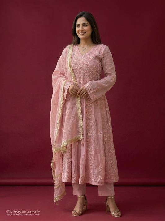 Hand Embroidered Tissue Angrakha Set with Intricate Jaali Work & Heavy Dupatta (Set of 2)