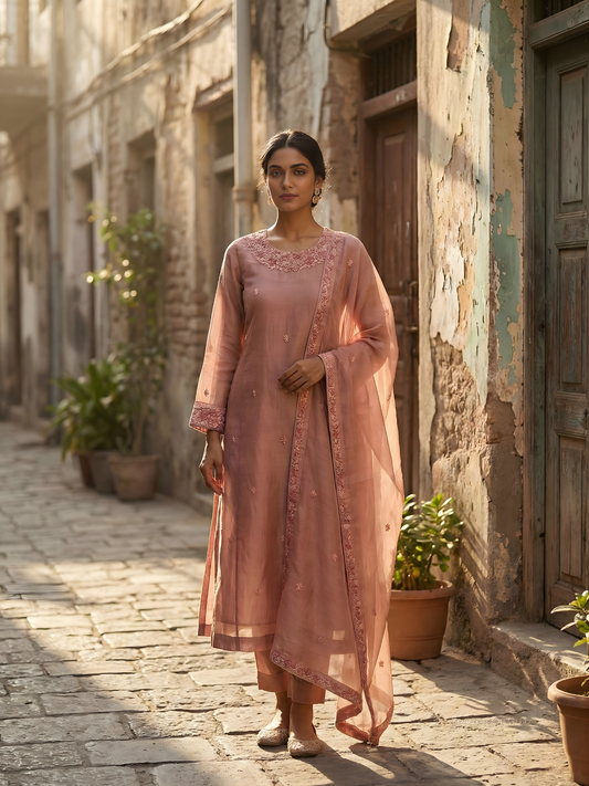 Peach Chanderi Silk Kurta Set