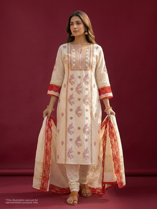 The Pearl-Embellished Chikankari Set in Ivory & Crimson Un-stitched