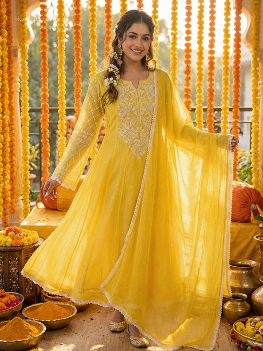 Sunshine Yellow Pearl-Embroidered Anarkali Set