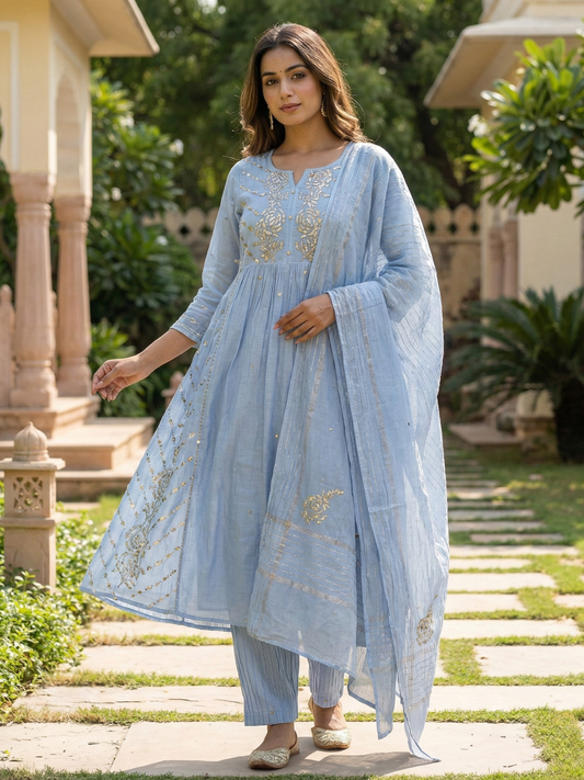 Cylati Blue Mulmul A-line Tunic Set