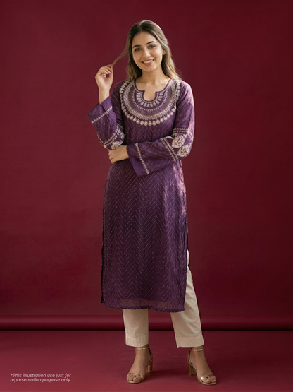 Ensemble de Kurta Chikankari en pur Mulmul avec travail Mukesh (Lot de 2) (Semi-cousu)