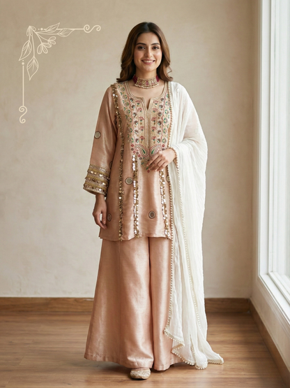 kurta is paired with a graceful sharara and dupatta