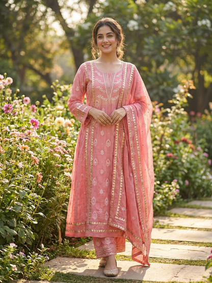 Ensemble Kurta Corail en Mulmul avec Travail Mukesh, Chikankari et Dupatta Lourdement Brodé