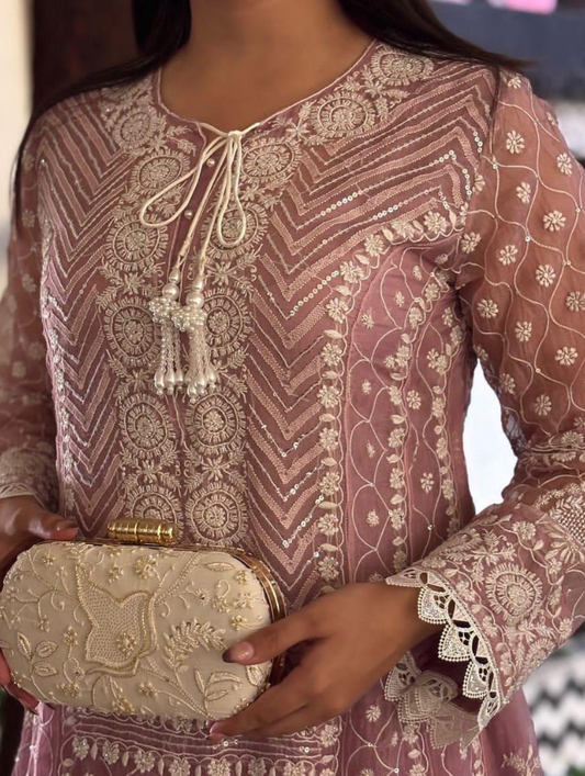 Timeless Mulmul Anarkali Handcrafted Chikankari with Pearls, Cutdana & Patti Work