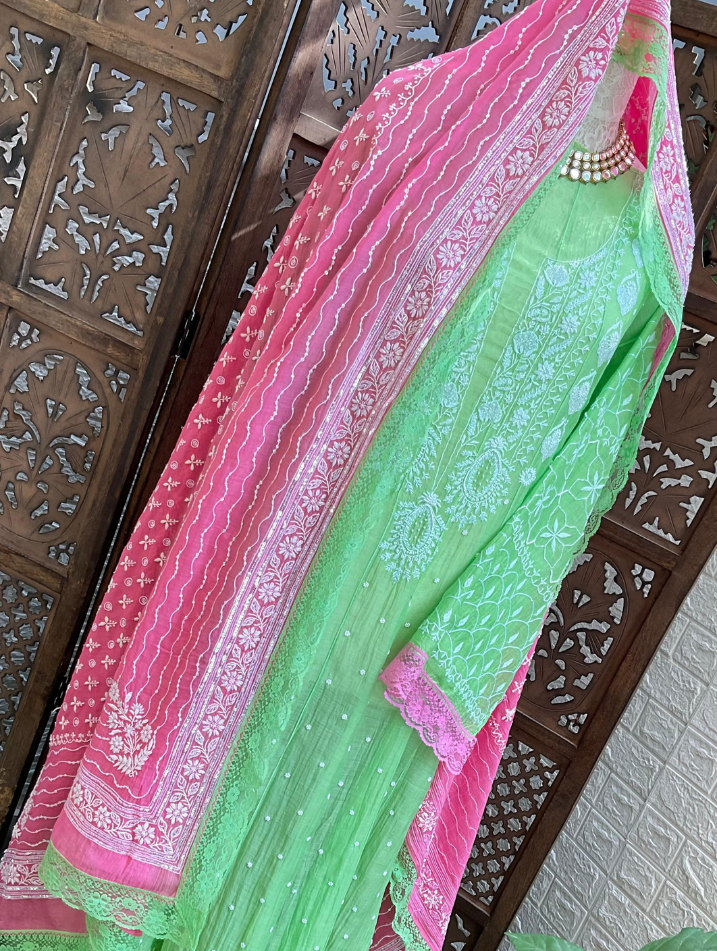 Timeless Charm – Handcrafted Mulmul Anarkali Ensemble