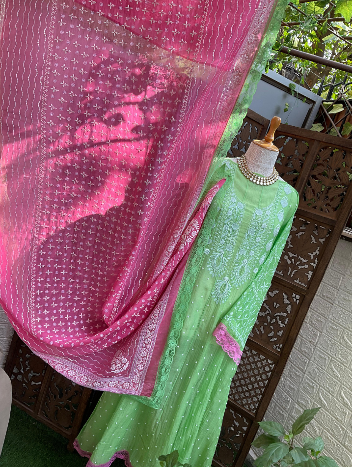 Timeless Charm – Handcrafted Mulmul Anarkali Ensemble