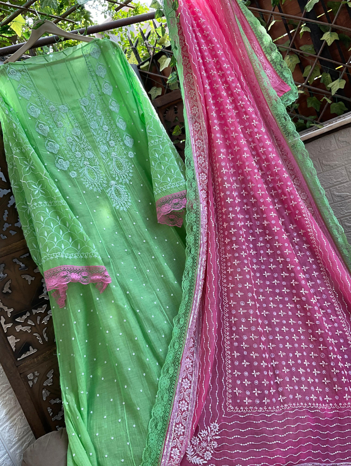 Timeless Charm – Handcrafted Mulmul Anarkali Ensemble
