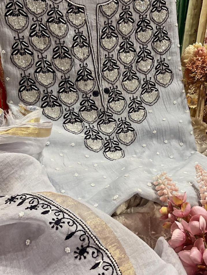 Subtle Sophistication – Mulmul Motif Ensemble with Pearl & Cutdana Accents