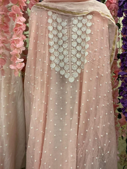 Subtle Elegance – Mulmul Chikankari Set with Pearl & Cutdana Accents