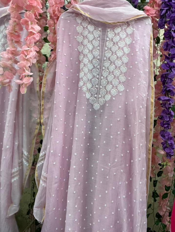 Subtle Elegance – Mulmul Chikankari Set with Pearl & Cutdana Accents