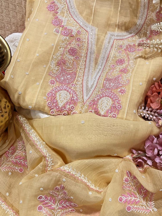 Lemon Elegance: Mulmul Chikankari Anarkali Set with Pearls & Cutdana