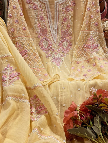 Lemon Elegance: Mulmul Chikankari Anarkali Set with Pearls & Cutdana