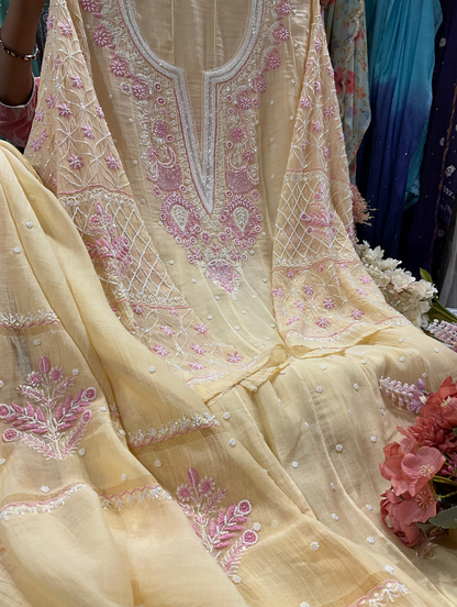 Lemon Elegance: Mulmul Chikankari Anarkali Set with Pearls & Cutdana