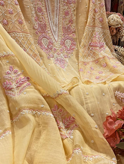 Lemon Elegance: Mulmul Chikankari Anarkali Set with Pearls & Cutdana