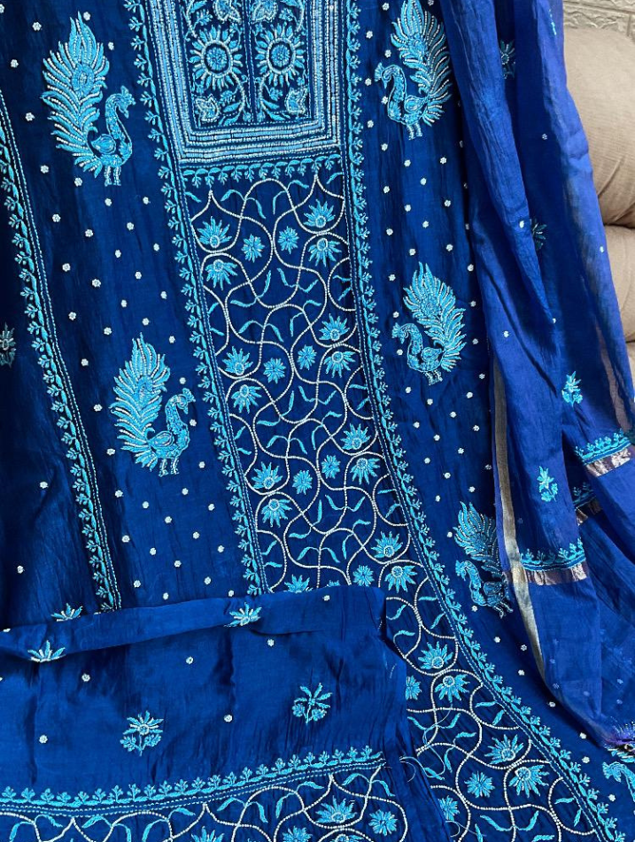 Royal Radiance: Unstitched Malmal Chikankari Set in Royal Blue