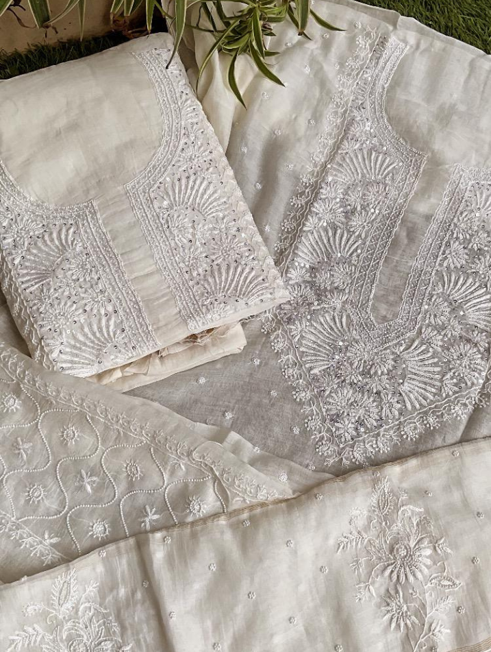 Unstitched Mulmul Kurta & Dupatta Set with Elegant Chikankari & Pearl Detailing (Dyeable)