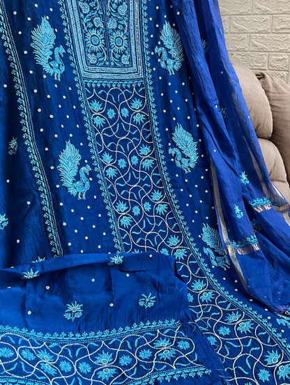 Royal Radiance: Unstitched Malmal Chikankari Set in Royal Blue