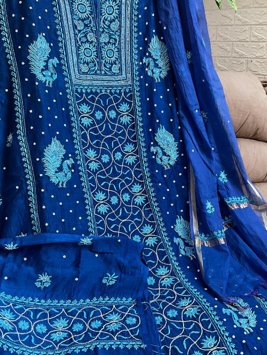 Royal Radiance: Unstitched Malmal Chikankari Set in Royal Blue