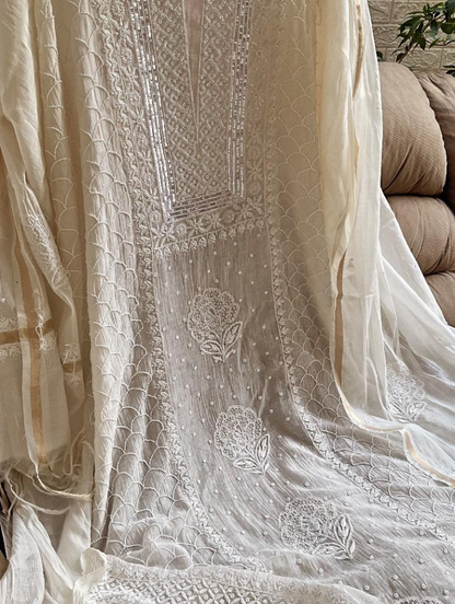 Ivory Elegance: Semi-Stitched Mulmul Chikankari Ensemble with Pearls & Cutdana