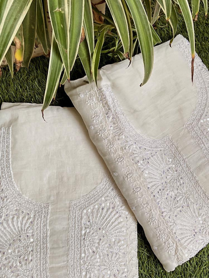 Unstitched Mulmul Kurta & Dupatta Set with Elegant Chikankari & Pearl Detailing (Dyeable)