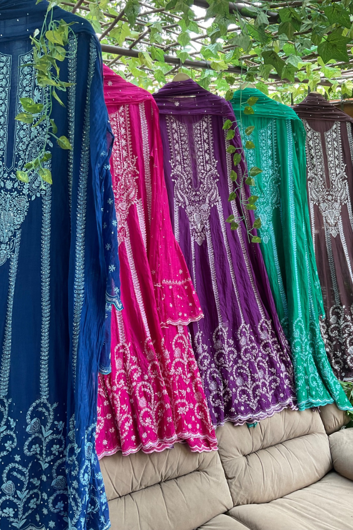Regal Mulmul Anarkali with All-Over Chikankari & Cutdana Elegance