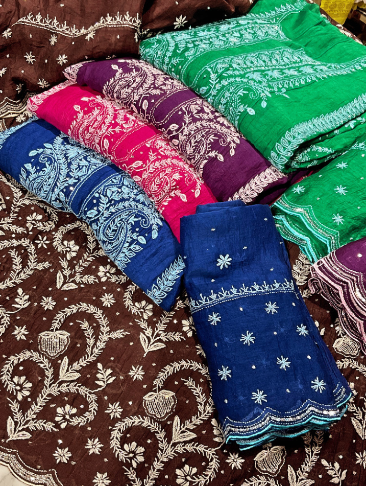 Regal Mulmul Anarkali with All-Over Chikankari & Cutdana Elegance
