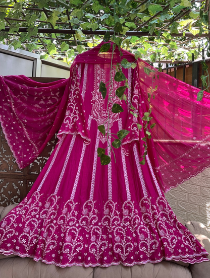 Regal Mulmul Anarkali with All-Over Chikankari & Cutdana Elegance